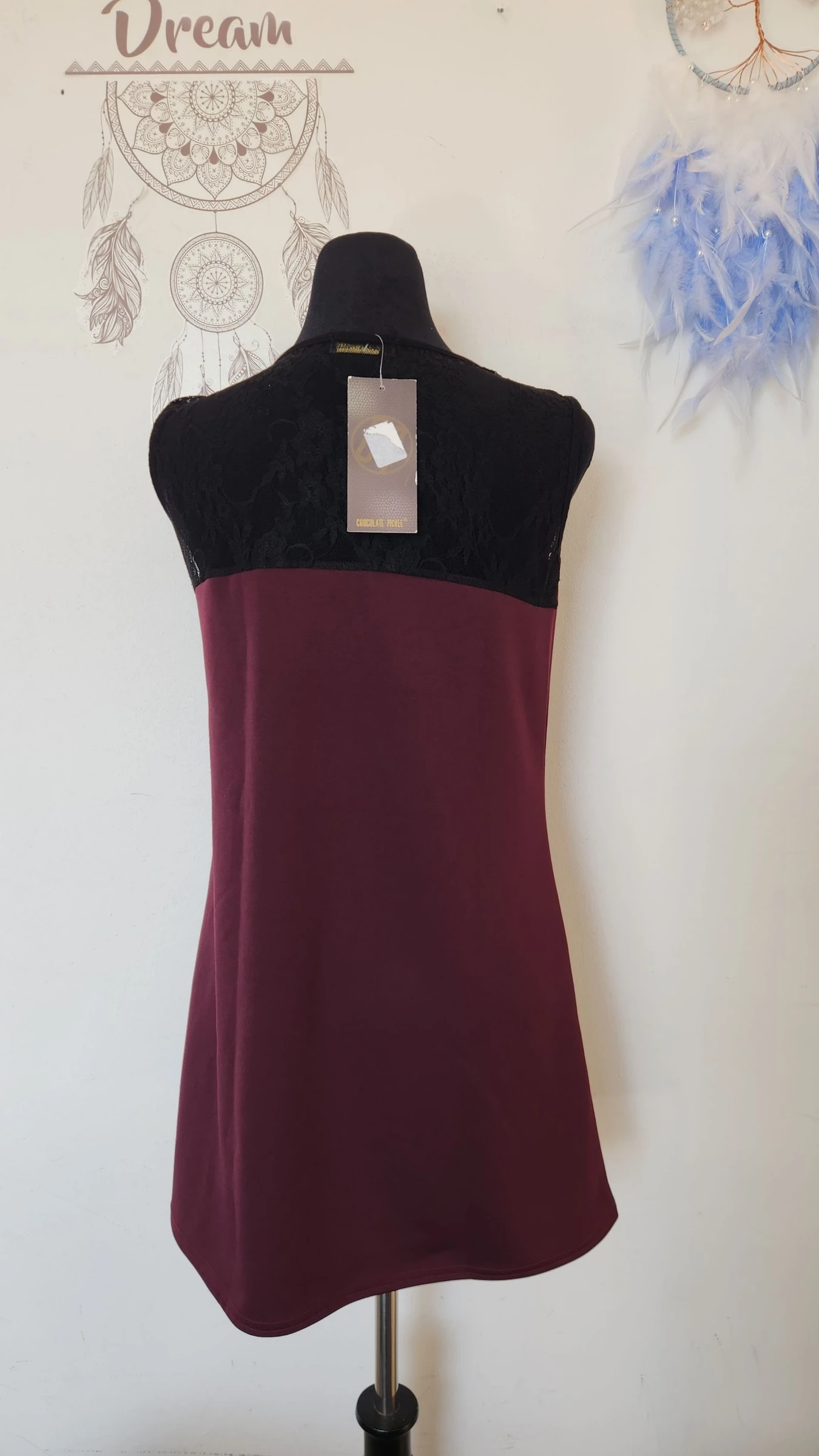 Bordeaux kleed en zwarte kant met afneembare decoratieve bloem●Maat S/M●✿ – photo 6